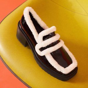 Anthropologie Caverley Jacinta Loafer Heels black white fur trim